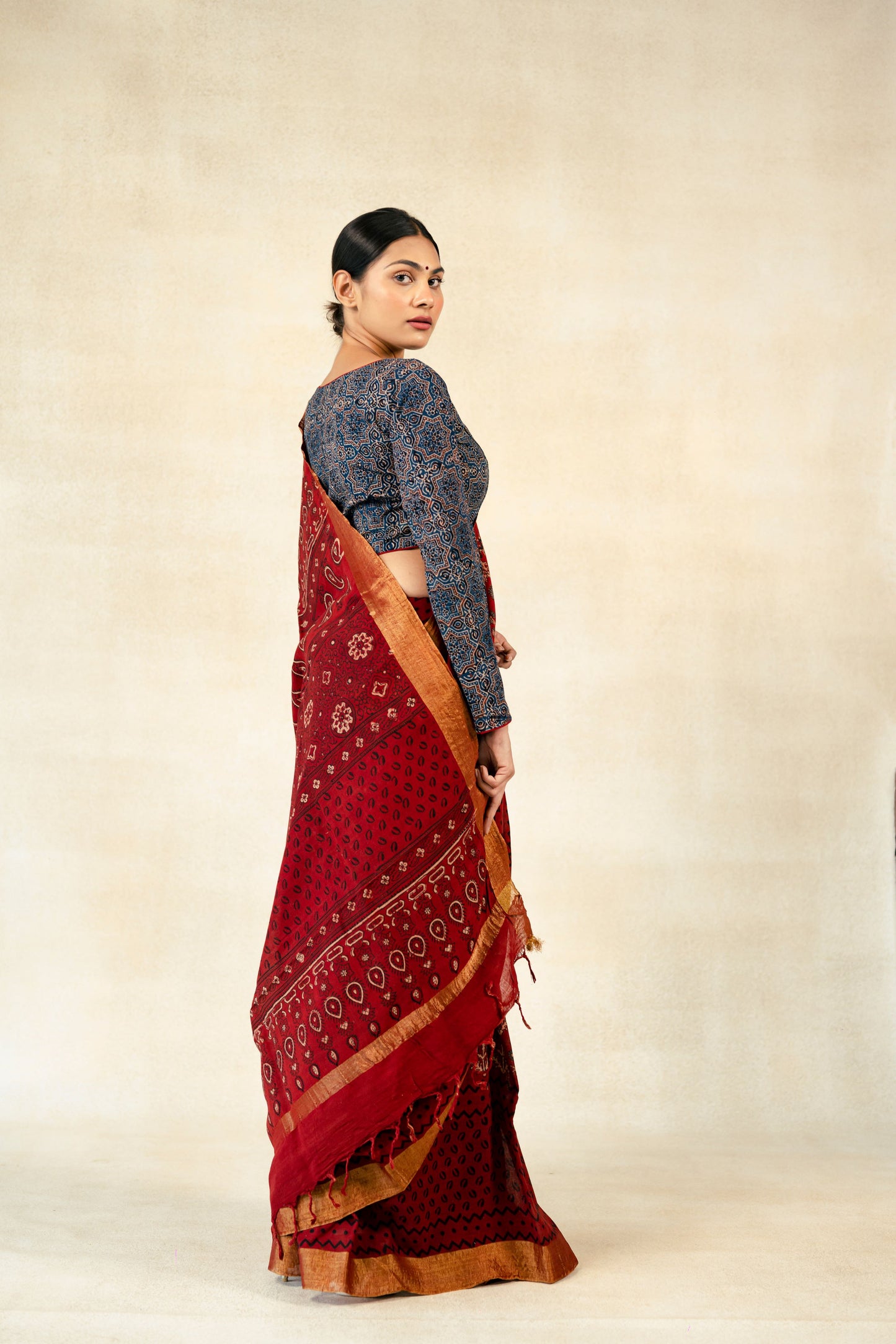 Madder red ajrakh prints linen saree, Ajrakh hand block print cotton linen saree in madder red color, Saree blouse