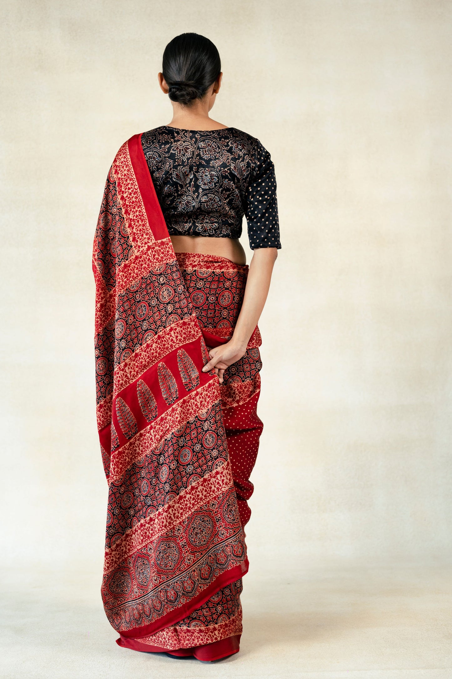 Madder red ajrakh prints modal silk saree, Modal silk ajrakh prints saree, Slow fashion