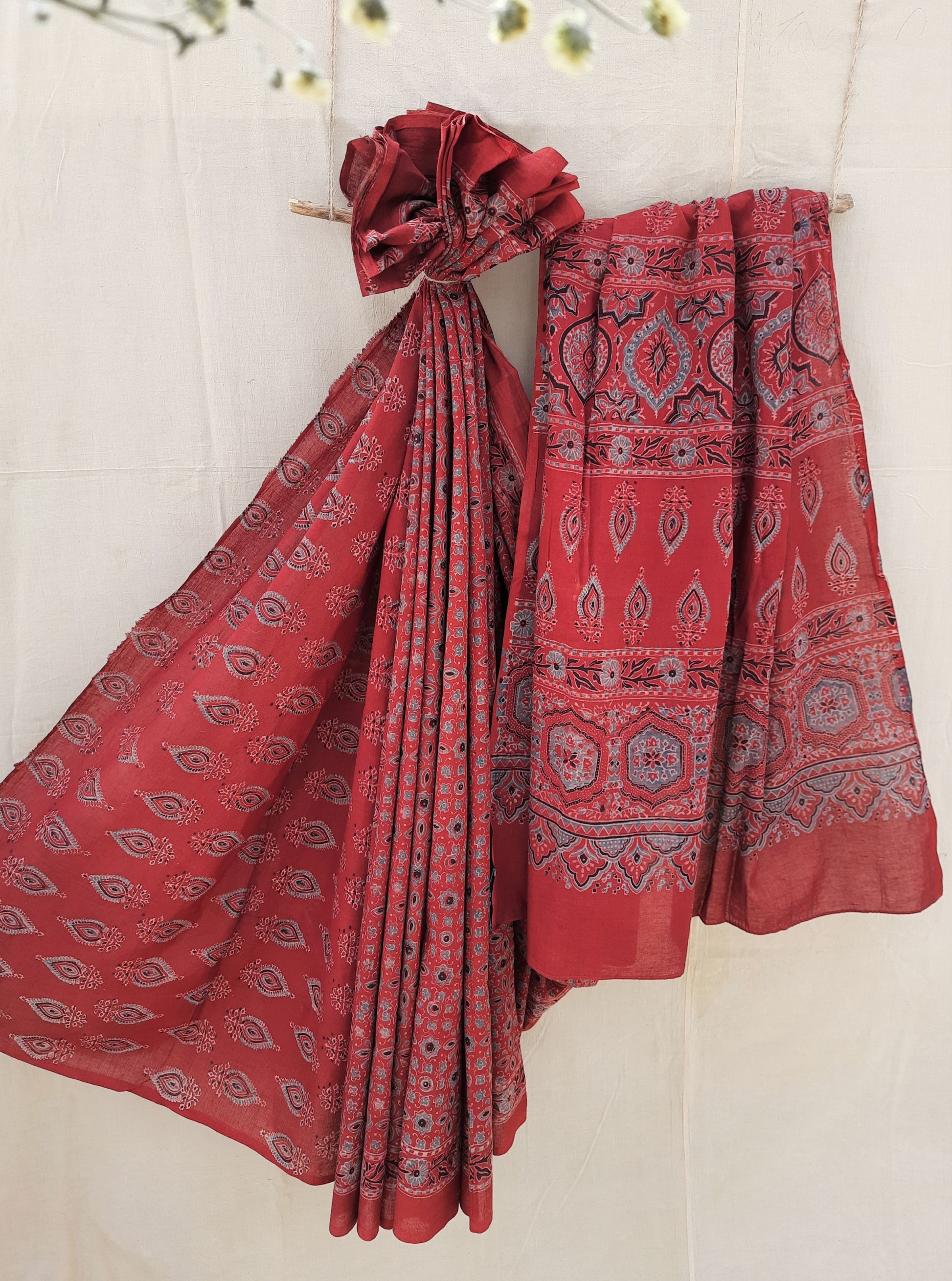 Madder red ajrakh saree, Ajrakh hand block print cotton saree, Madder red ajrakh prints sari