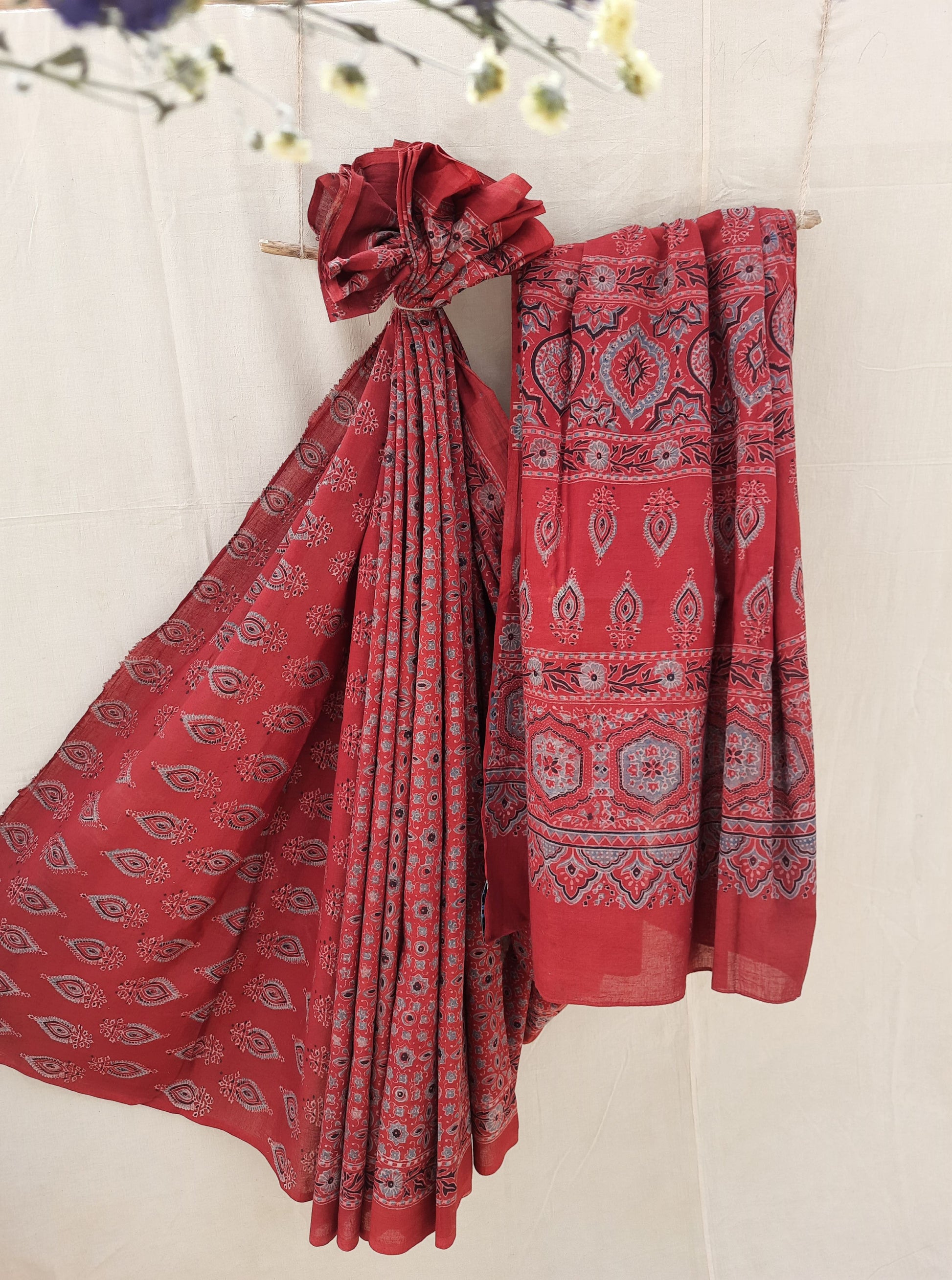 Madder red ajrakh saree, Ajrakh hand block print cotton saree, Madder red ajrakh prints sari