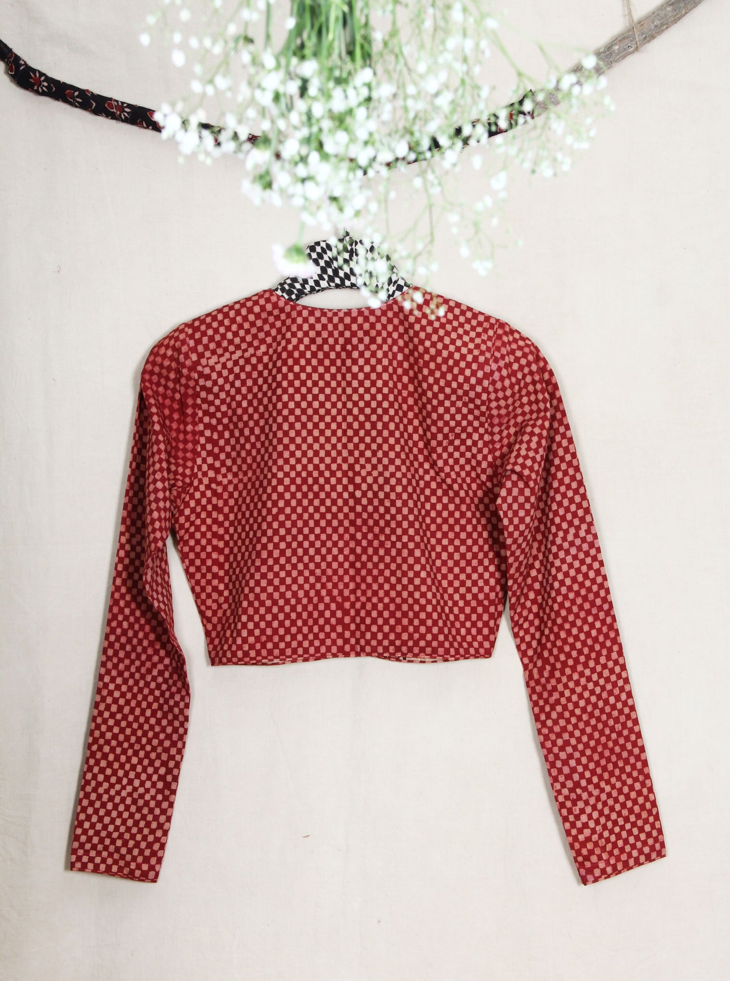 Madder dyed checkered ajrakh blouse, Full sleeves ajrakh blouse, Ajrakh hand block print checks blouse in madder red color, Sustainable fashion