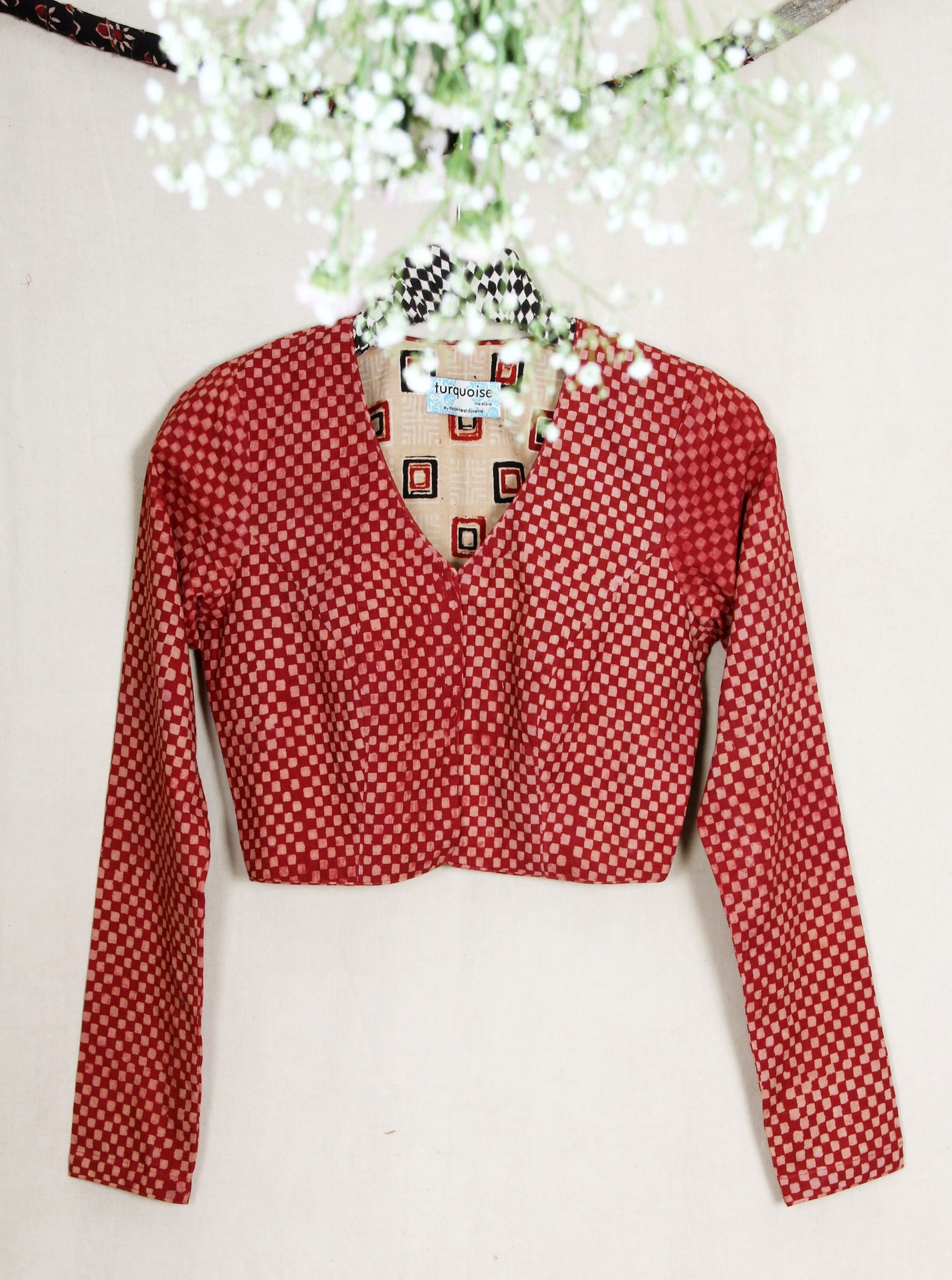 Madder dyed checkered ajrakh blouse, Full sleeves ajrakh blouse, Ajrakh hand block print checks blouse in madder red color, Sustainable fashion