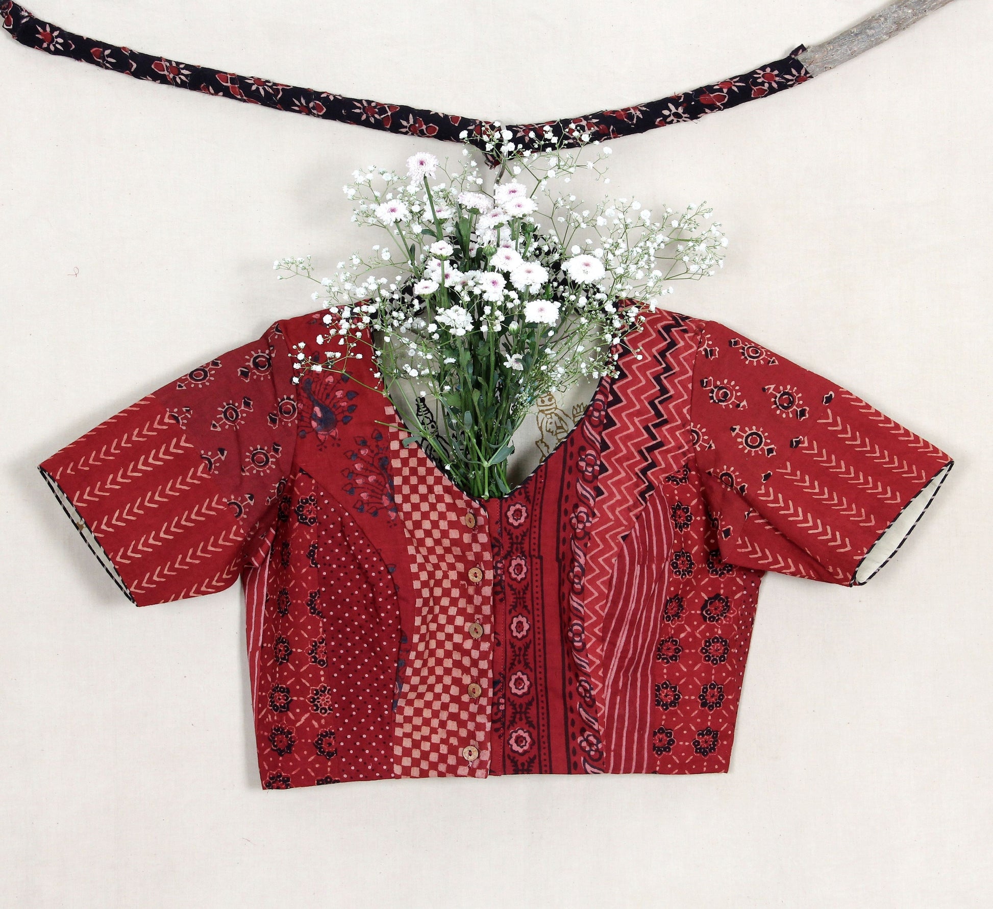 Patchwork ajrakh blouse in madder red color, Ajrakh patchwork saree blouse, Madder dyed ajrakh patchwork blouse, Sustainable fashion