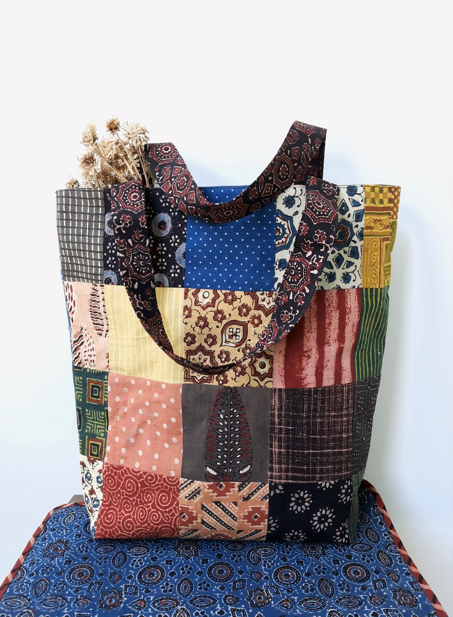 Patchwork ajrakh handbag, Up-cycled zero waste handbag, Recycled handbag, Ajrakh prints patchwork handbag