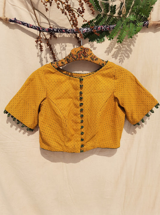 Polka dots hand block print blouse in turmeric yellow color, Ajrakh prints cotton blouse, Ajrakh prints saree blouse, Sari blouse
