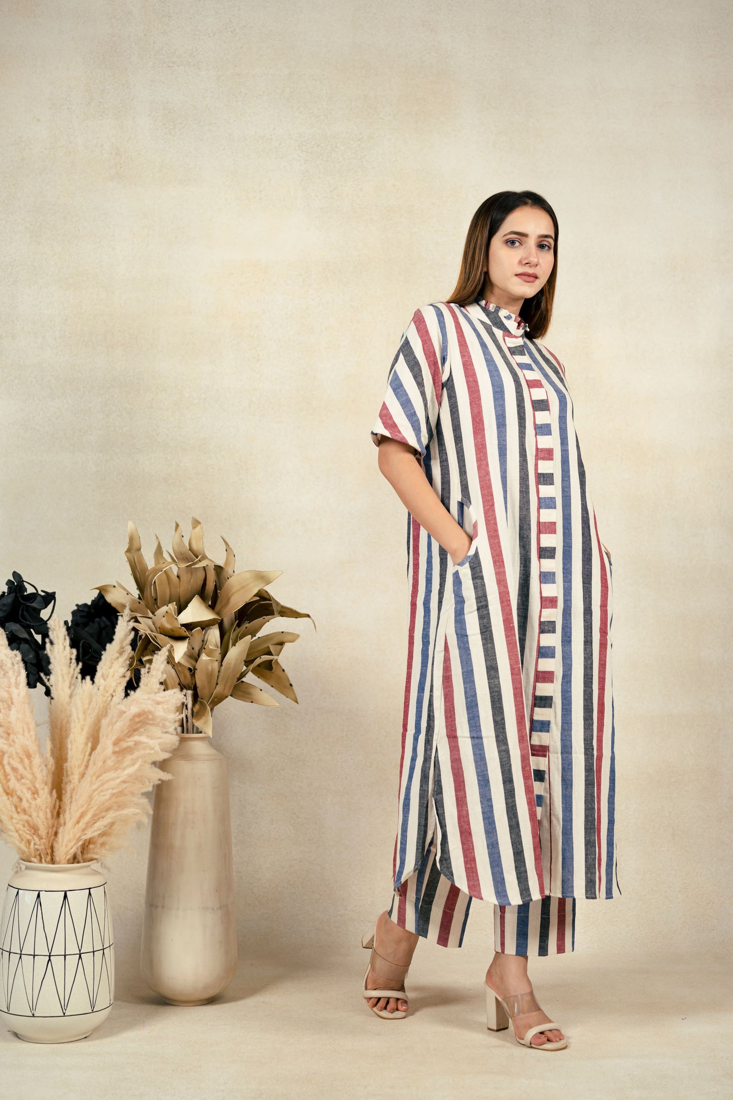 Stripes organic cotton coord set, Handwoven organic cotton stripes kurta pants set, Sustainable fashion