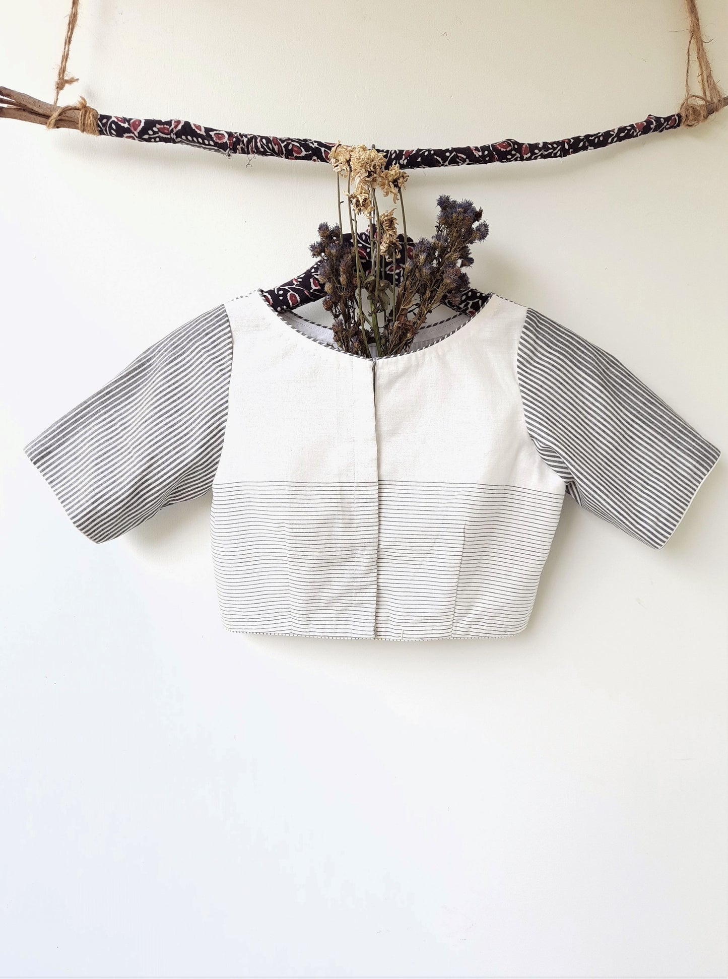 Stripes white and grey cotton blouse, Striped white and grey blouse, Saree blouse in hand loom cotton