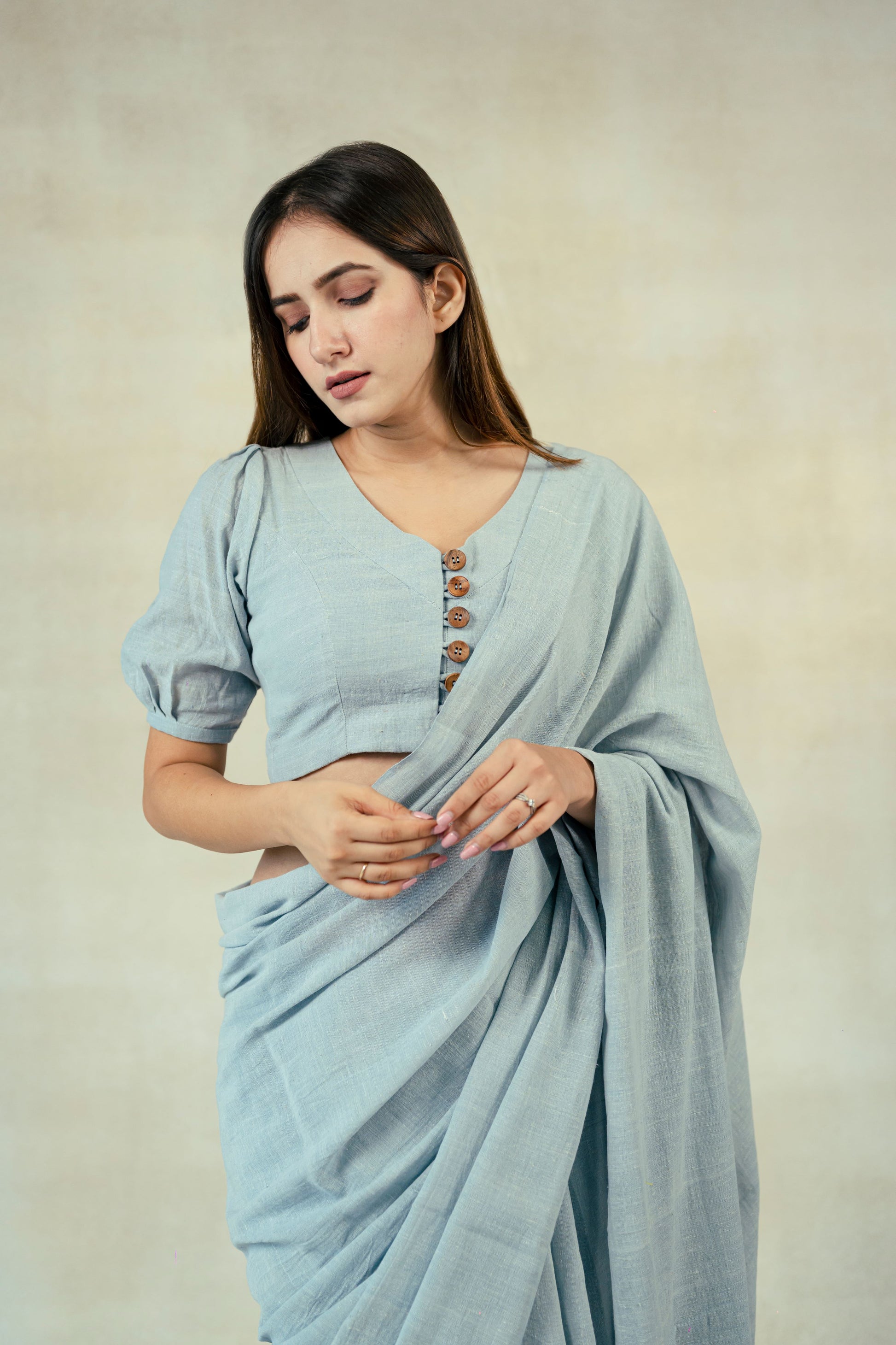 Subtle indigo handwoven organic cotton saree blouse,Handmade saree blouse, Hand spun organic cotton blouse, Slow fashion, Coord set