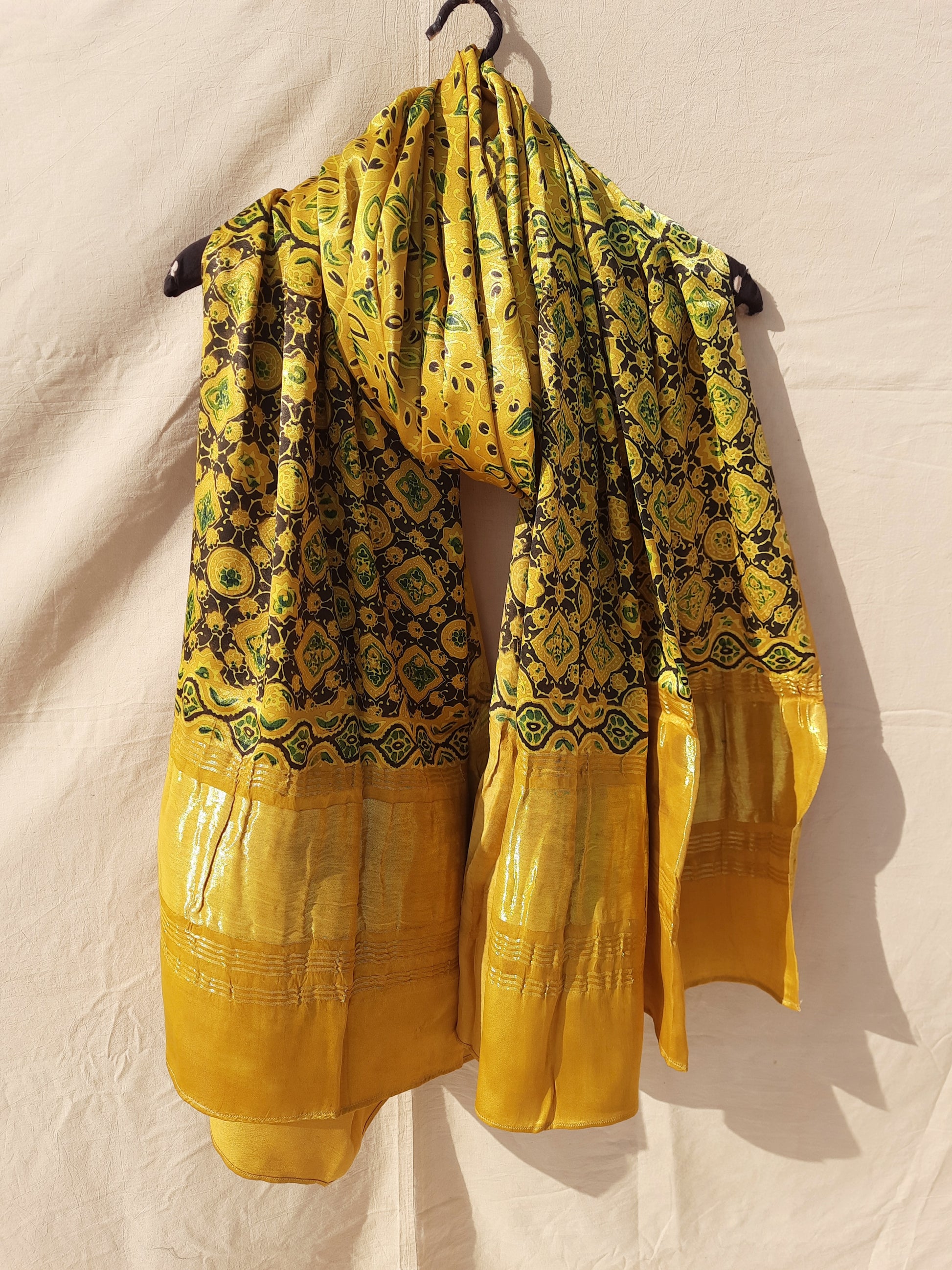 Turmeric dyed ajrakh hand block print dupatta in modal silk, Modal silk ajrakh dupatta