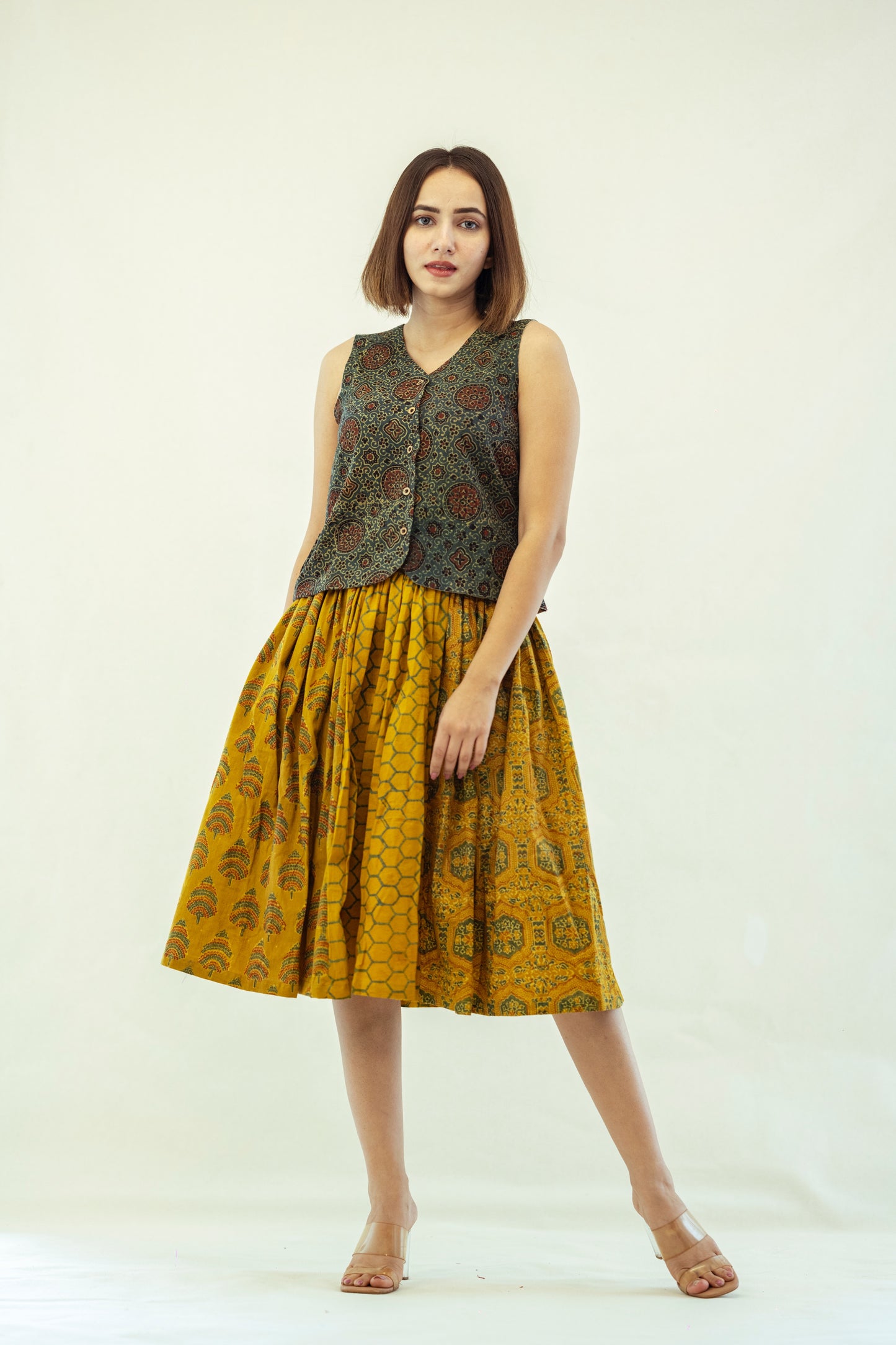Turmeric dyed ajrakh prints skirt top set, Summer collection 2023, SS23, Ajrakh prints skirt top in cotton