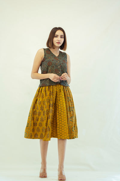 Turmeric dyed ajrakh prints skirt top set, Summer collection 2023, SS23, Ajrakh prints skirt top in cotton