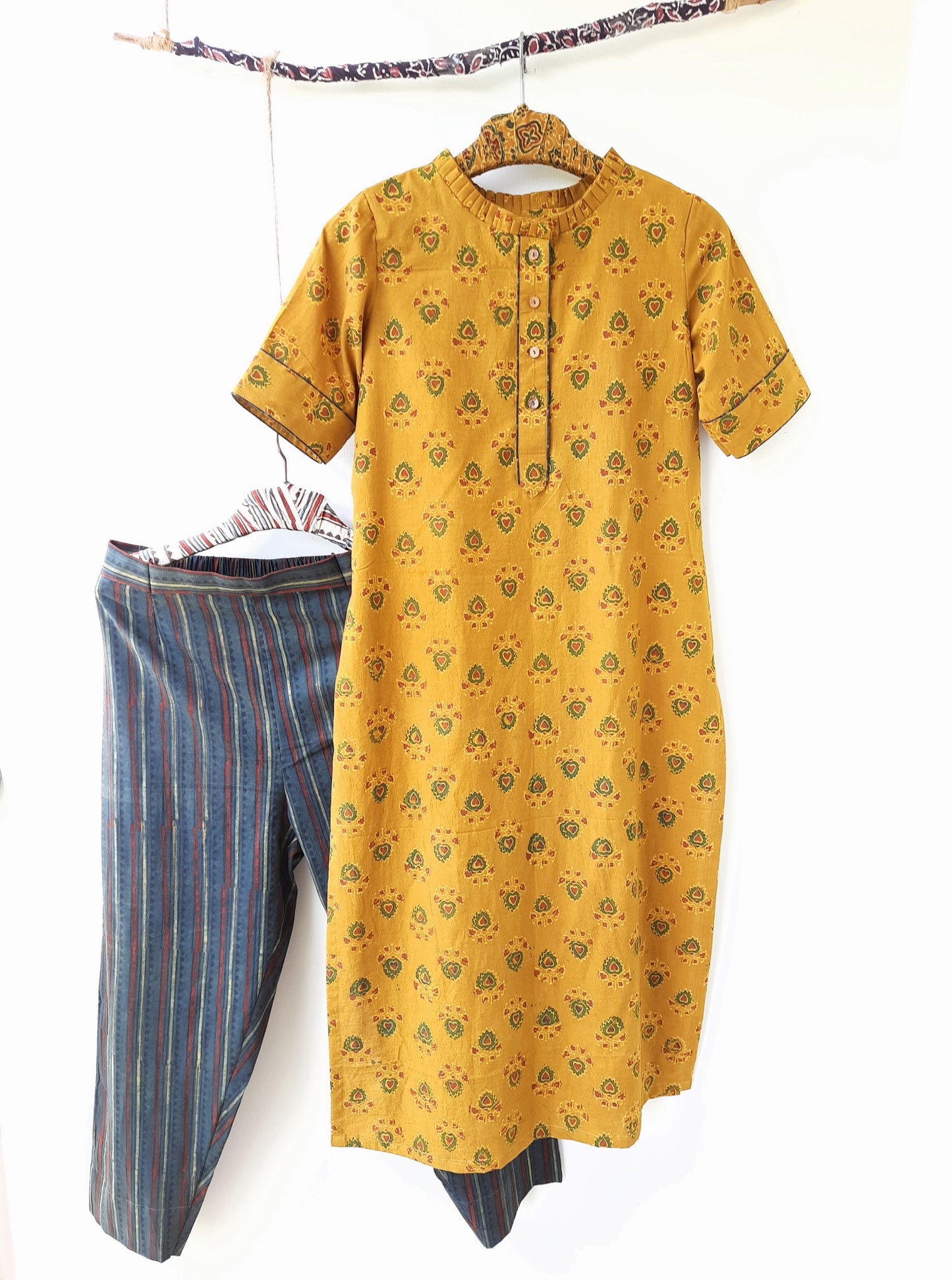 Ajrakh hand block print turmeric yellow kurta and green pants set, Ajrakh prints kurta pants set, Turmeric yellow kurta pants set, Sustainable fashion