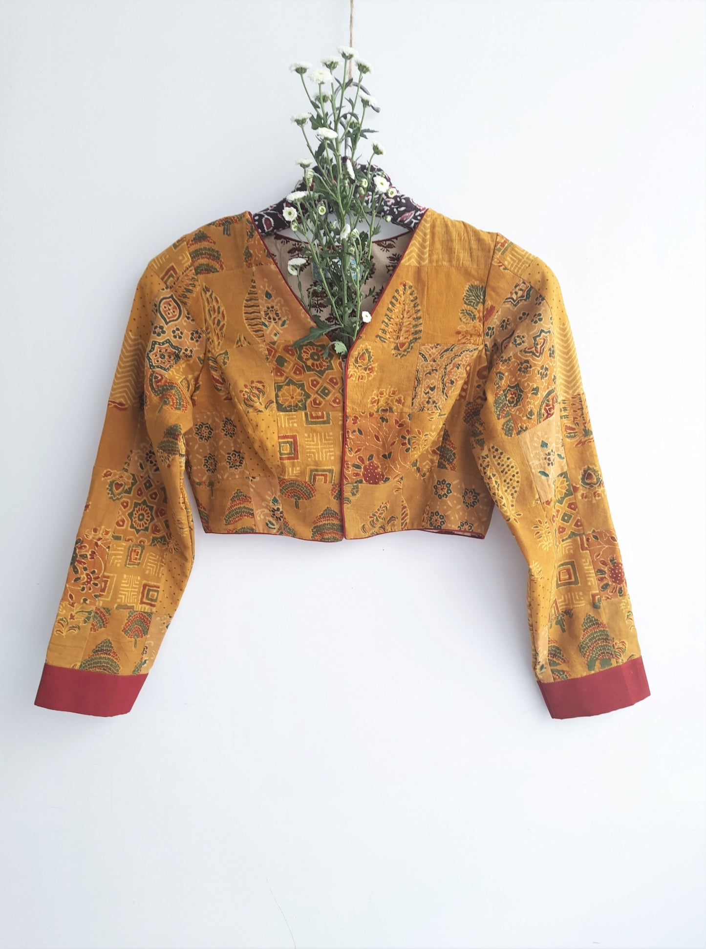 Turmeric yellow ajrakh patchwork blouse, Handmade upcycled patchwork blouse, Ajrakh hand block print patchwork blouse