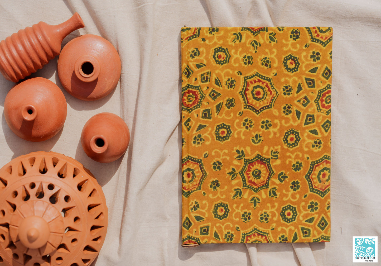 Handmade journal, Up cycled paper journal, Ajrakh prints fabric journal, Turmeric yellow modal silk hand block print ajrakh cover diary, Eco friendly journal