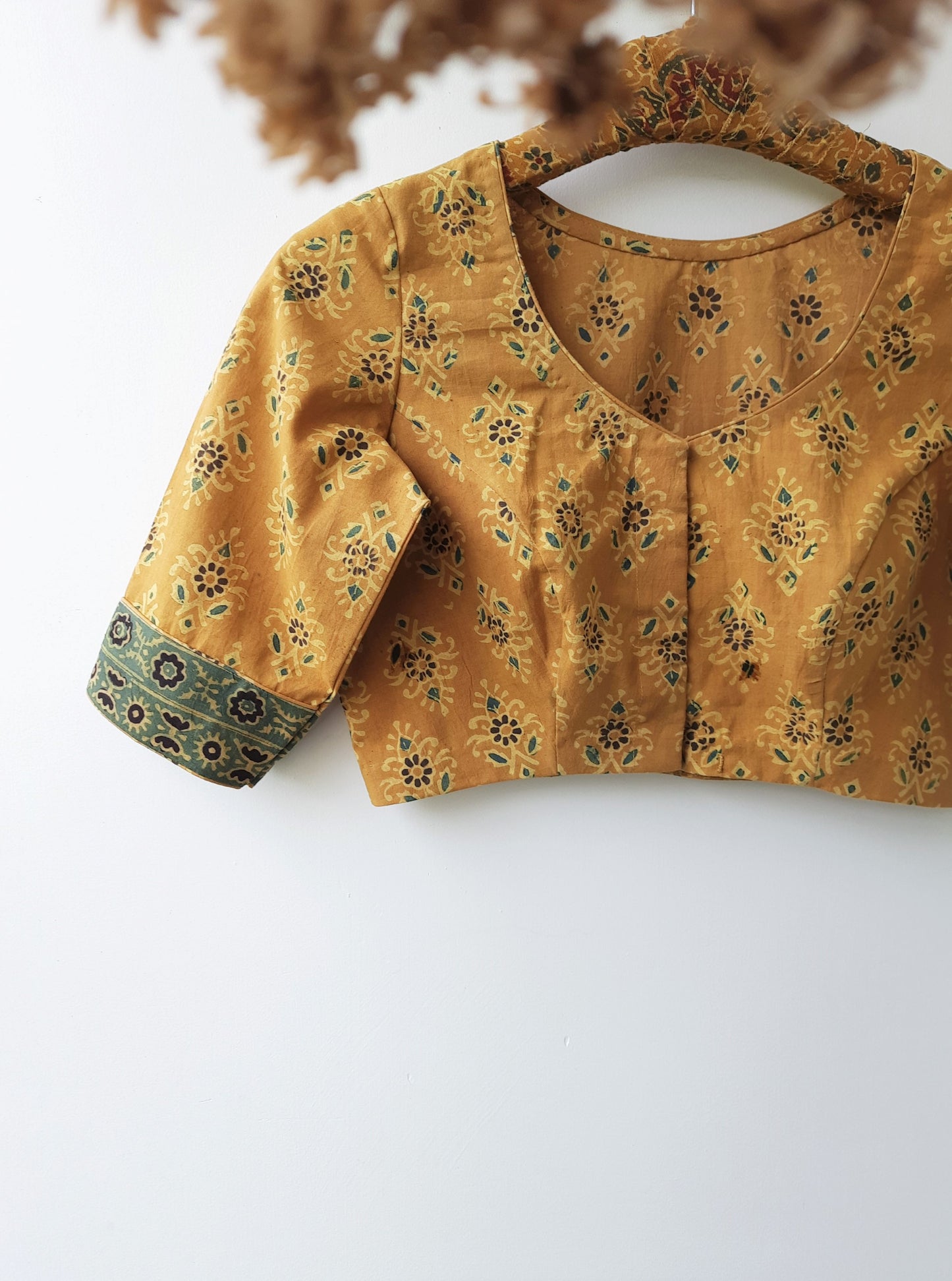 Turmeric yellow ajrakh blouse, Handcrafted ajrakh prints blouse, Ajrakh hand block print saree blouse, Sari blouse in ajrakh prints, Sustainable fashion