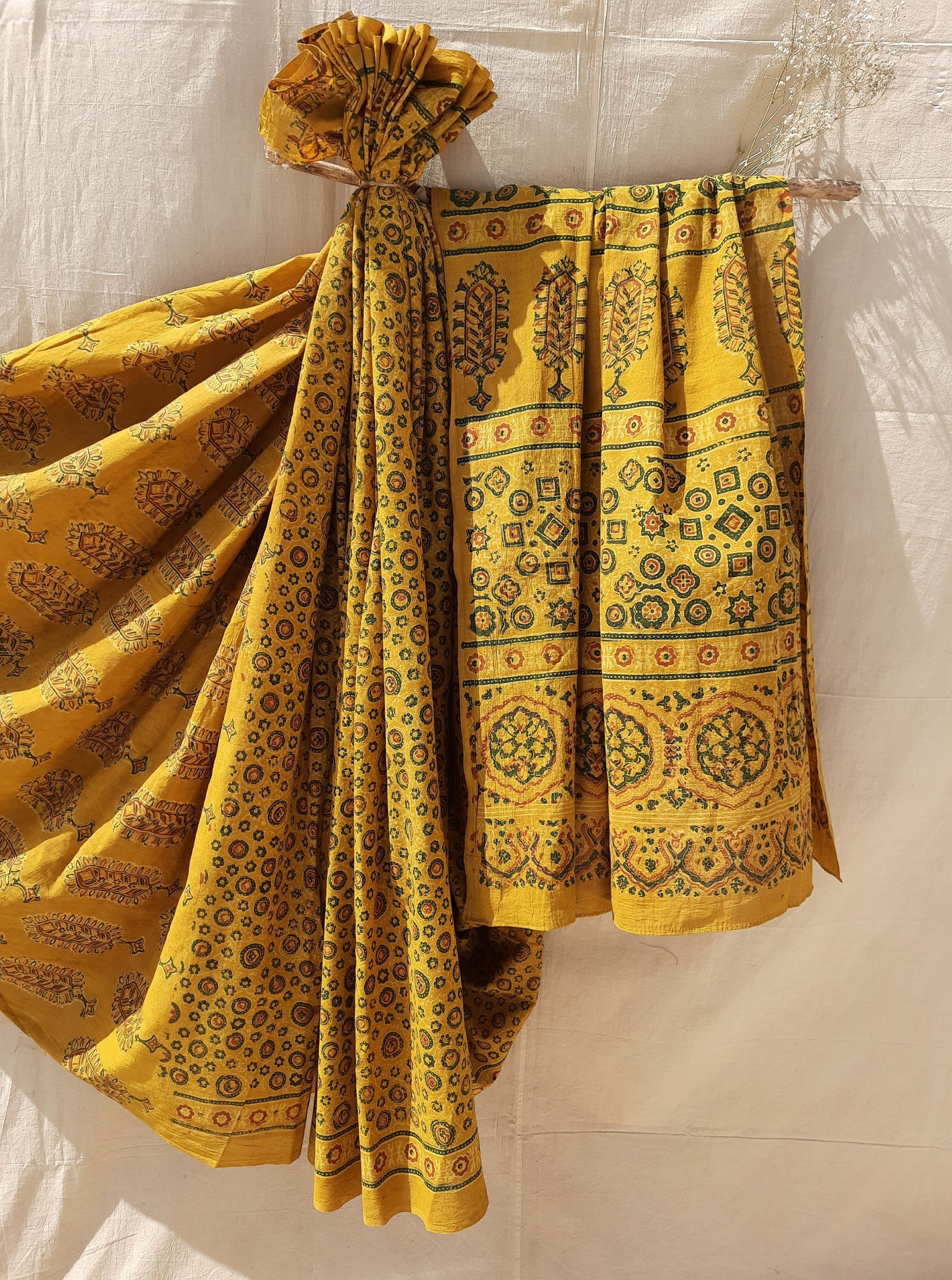 Turmeric yellow ajrakh saree, Ajrakh hand block print cotton saree in turmeric yellow color, Handmade ajrakh prints saree