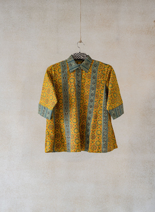 Turmeric yellow ajrakh shirt, Handmade ajrakh cotton shirt