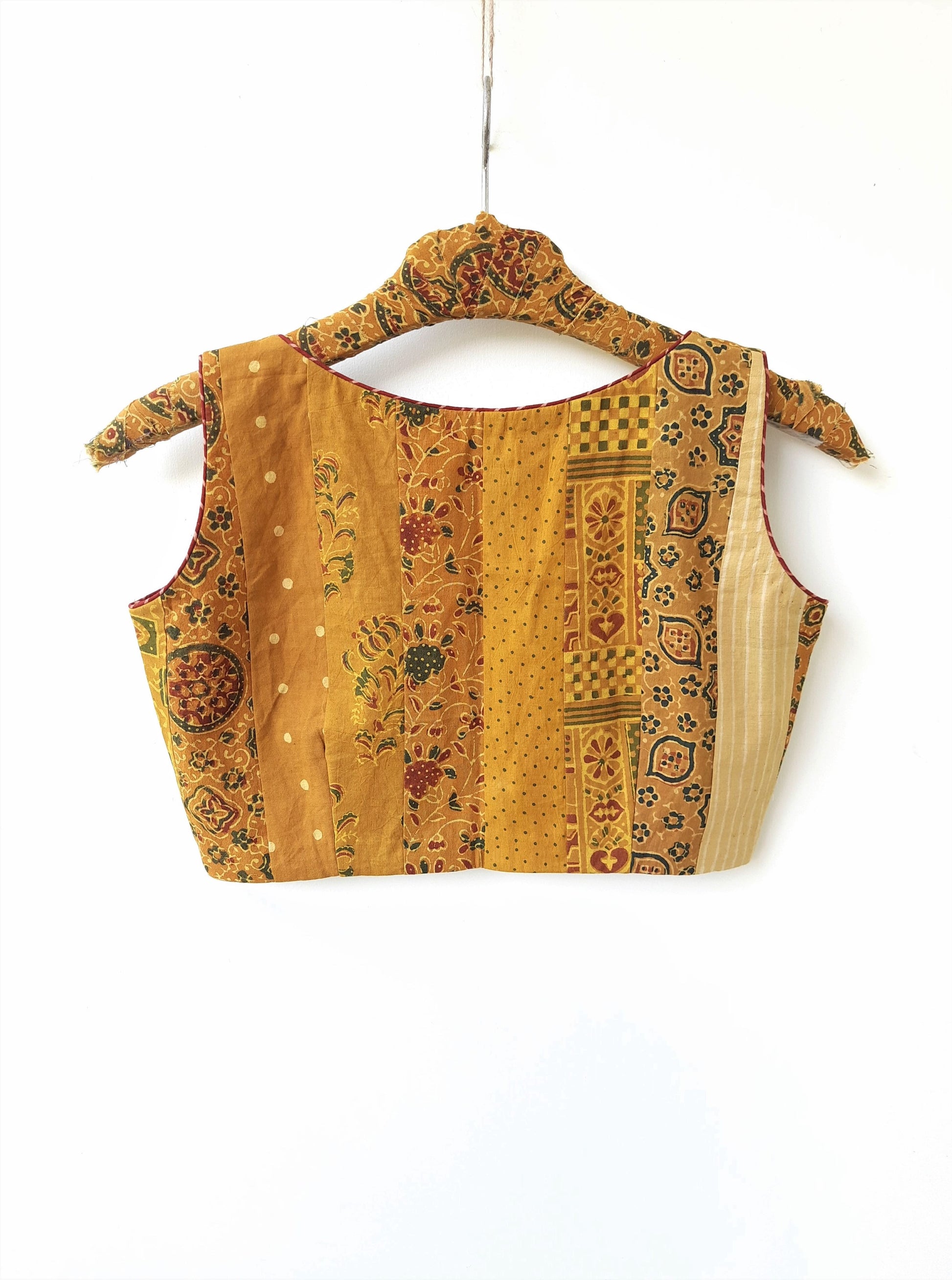Upcycled handmade patchwork blouse, Turmeric yellow ajrakh patchwork blouse, Patchwork ajrakh prints blouse in turmeric yellow color, Sustainable fashion