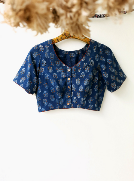 Indigo dyed ajrakh cotton blouse, Indiggo ajrakh prints saree blouse, Indigo ajrakh blouse