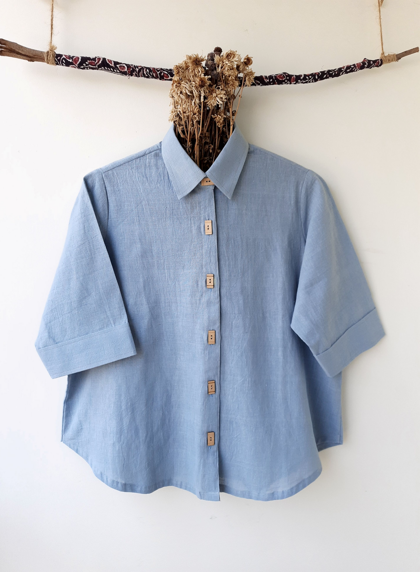 Organic cotton women's shirt in sky blue color, Handmade organic cotton women's shirt, Hand spun and handwoven women's shirt 