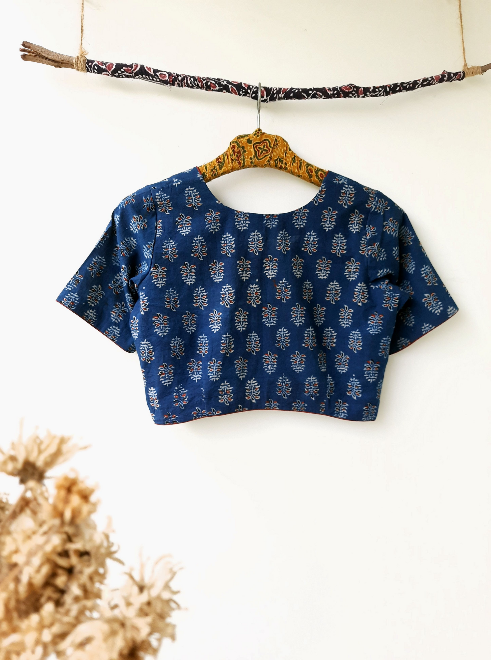 Indigo dyed ajrakh cotton blouse, Indiggo ajrakh prints saree blouse, Indigo ajrakh blouse